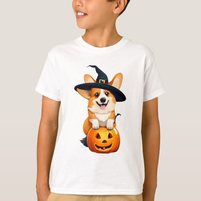 T-shirt Casquette de sorcière Halloween Corgi (Devant)