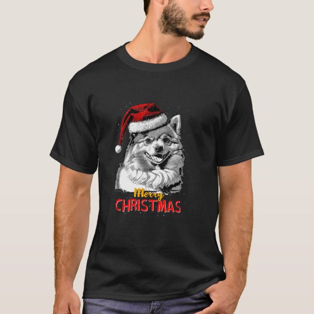 T-shirt Casquette du Père Noël de Poméranie Joyeux chien d (Devant)