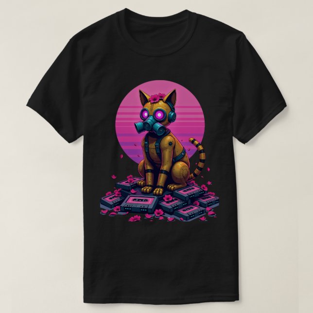 T-shirt Cassette Vaporwave Robot Chat Rustique Post Apoca (Design devant)
