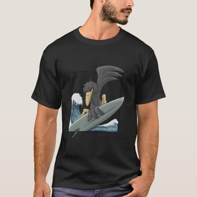 T-shirt Casual Surfer Crow Funky Raven Surfing On Japan Wa (Devant)