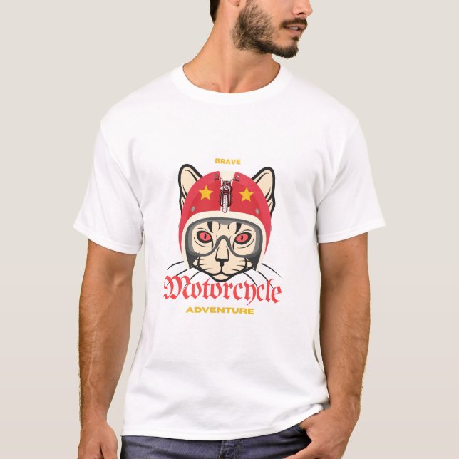 T-shirt Cat Adventure Motorcycle Road Brave Red Casque (Devant)