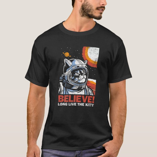 T-shirt Cat Astronaut Believe for Space Kitten  Distressed (Devant)