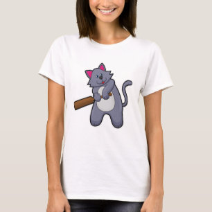 T-shirt Cat at Cricket with Cricket bat