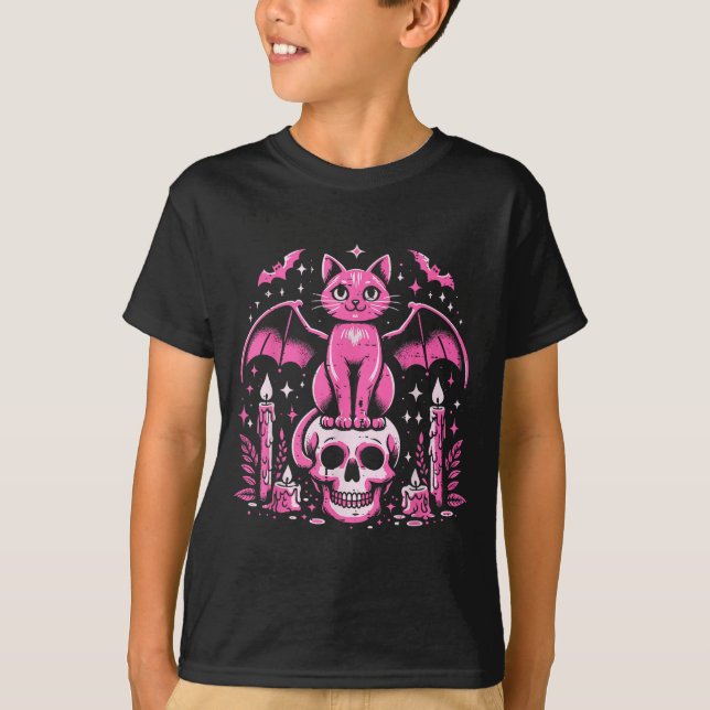 T-shirt Cat Bat On Skull Halloween Costume Goth Women Girl (Devant)