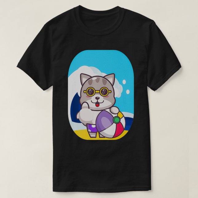 T-shirt Cat Beach Ball Sea Waves Tea Anime Neko Chibi drag (Design devant)