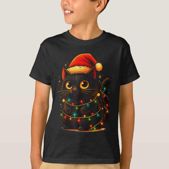 T-shirt Cat Black Christmas Tree Lights Funny Santa Kitten (Devant)