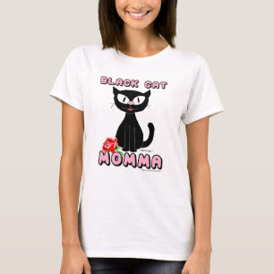 T-shirt Cat-caricature souriant MOMMA CHAT NOIR avec Rose 