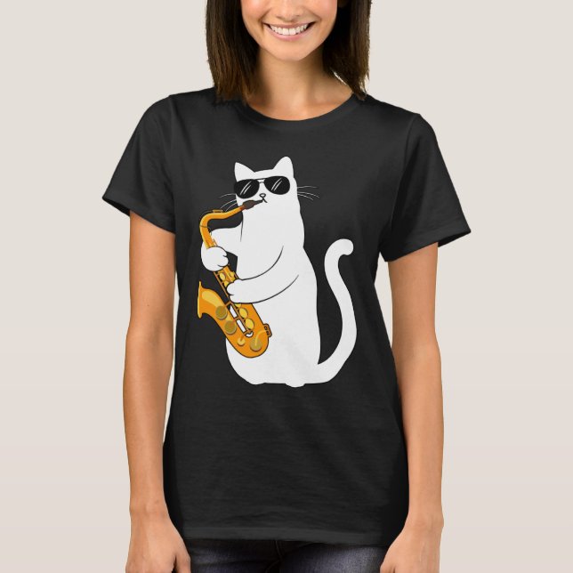T-shirt Cat  Cat Saxophone Tee  Cat Sax (Devant)