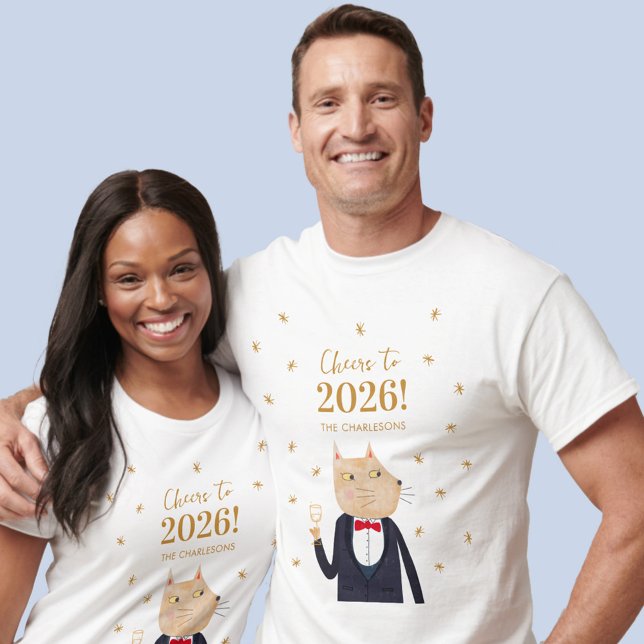 T-shirt Cat Cheers to 2026 New Year Personalized (Fun cat Cheers to 2026 New Year celebration personalized custom name t-shirt)