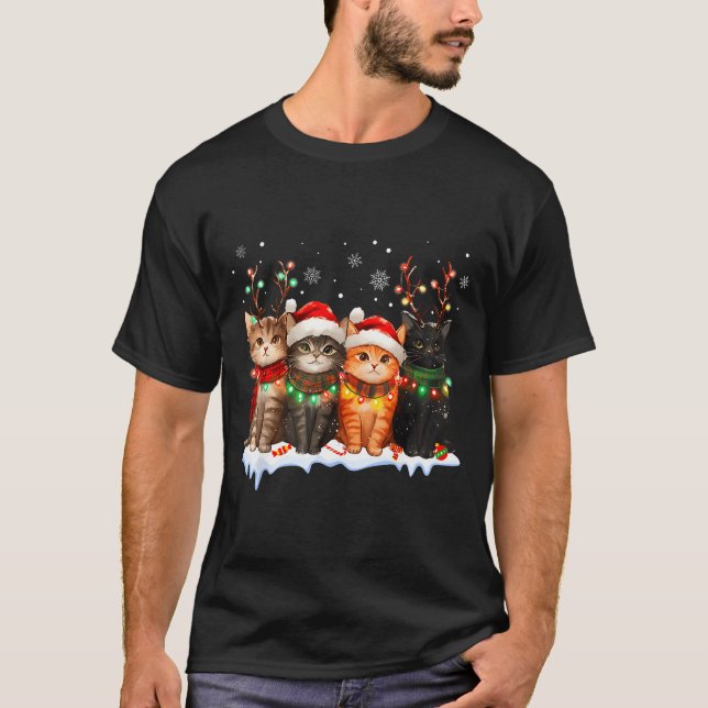 T-shirt Cat Christmas Light Reindeer Santa Christmas Cat L (Devant)