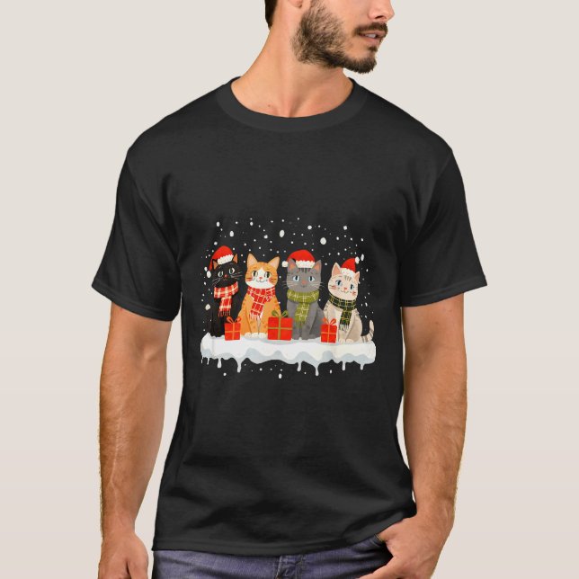 T-shirt Cat Christmas Light Reindeer Santa Christmas Cat L (Devant)
