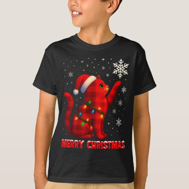 T-shirt Cat Christmas Light Reindeer Santa Christmas Cat L (Devant)