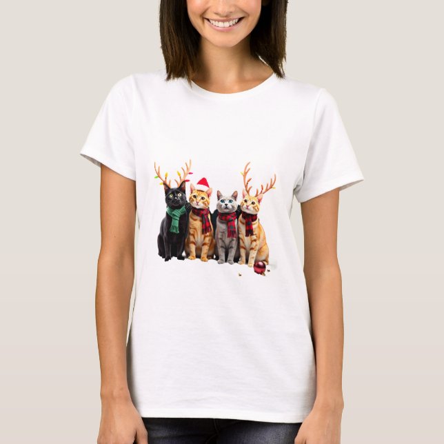 T-shirt Cat Christmas Light Reindeer Santa Christmas Cat L (Devant)
