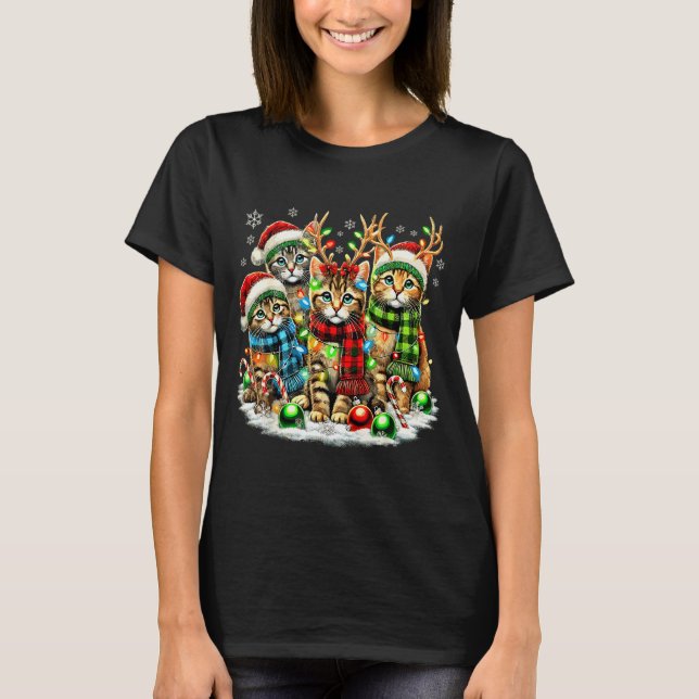 T-shirt Cat Christmas Light Reindeer Santa Christmas Cats  (Devant)