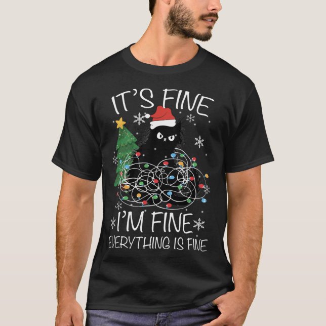 T-shirt Cat Christmas Lights I m Fine Everything Is Fine W (Devant)