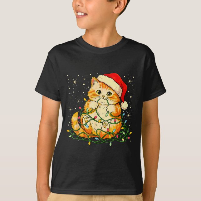 T-shirt Cat Christmas Lights Santa Hat Xmas Cats Lover Pet (Devant)