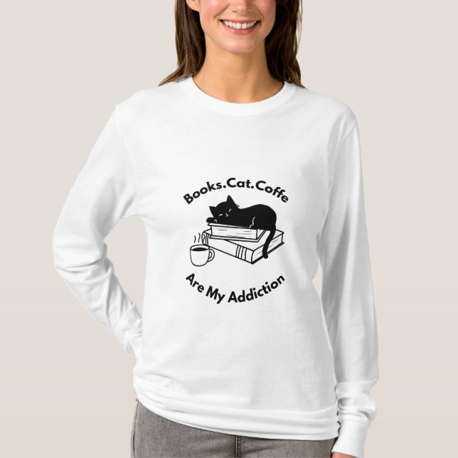 T-shirt Cat Coffee Book Lover T-Shirt, Cozy Reader Aesthet (Devant)