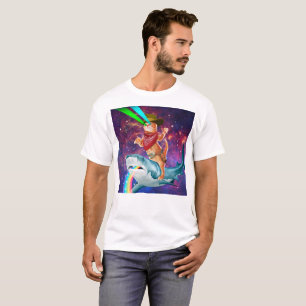 T-shirt Cat Cowboy chevauchant un requin crachant un arc-e