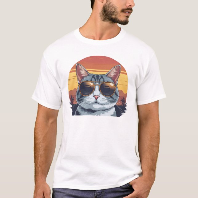 T-shirt Cat Daddy Sunglasses Sunset Retro Fur Dad Papa (Devant)