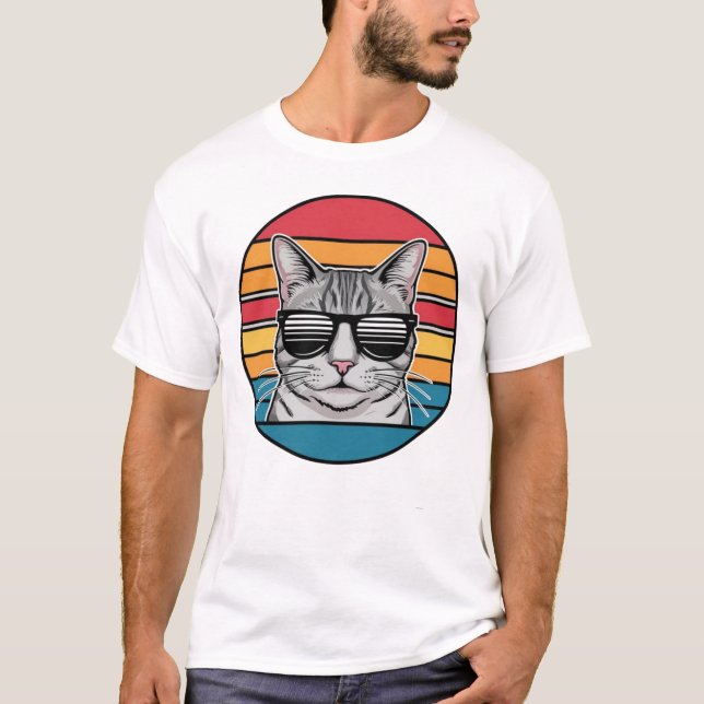 T-shirt Cat Daddy Sunglasses Sunset Retro Fur Dad Papa (Devant)