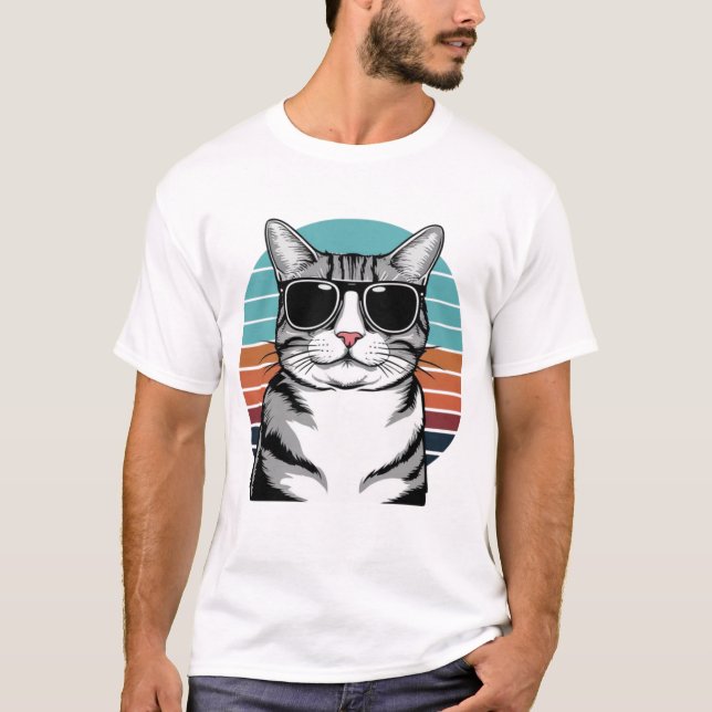 T-shirt Cat Daddy Sunglasses Sunset Retro Fur Dad Papa (Devant)