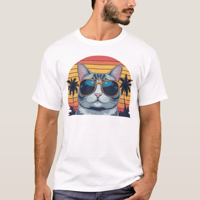 T-shirt Cat Daddy Sunglasses Sunset Retro Fur Dad Papa (Devant)