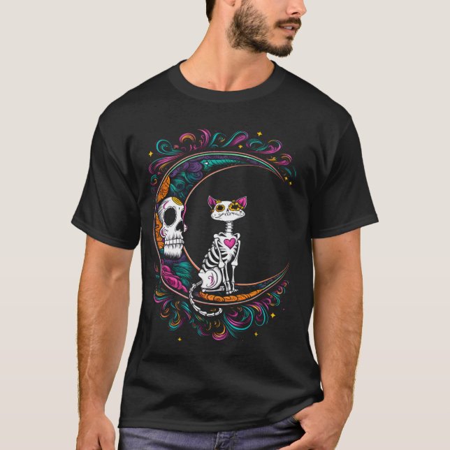 T-shirt Cat Dia De Los Muertos Crâne à sucre Halloween Cos (Devant)