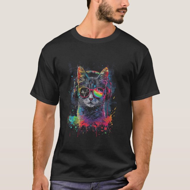 T-shirt Cat DJ Avec Casque Et Lunettes De Soleil Kitty 3 (Devant)