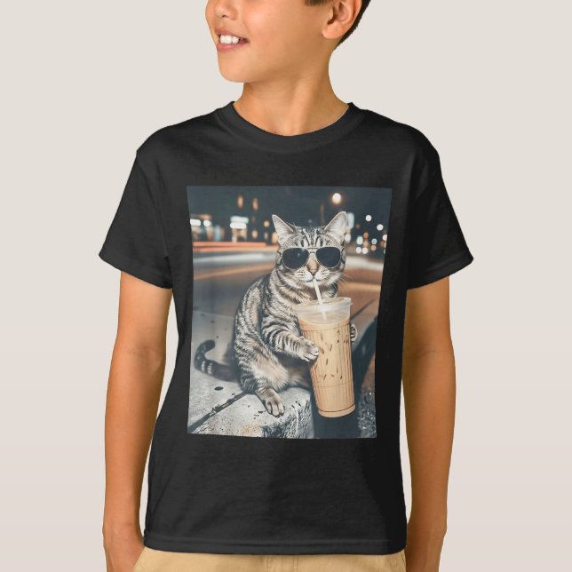 T-shirt Cat drinking iced coffee funny animal meme men (Devant)