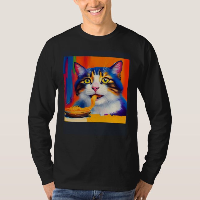 T-shirt Cat Eating Spaghetti Oil Painting Style (Devant)