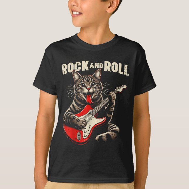 T-shirt Cat Electric Guitar Rock And Roll Rocker Kitten Me (Devant)