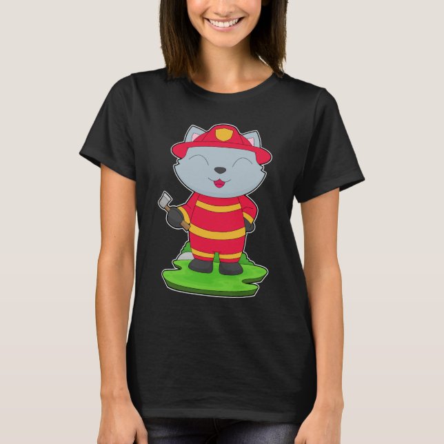 T-shirt Cat Firefighter Axe Fire department (Devant)