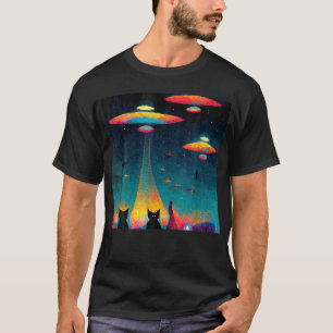 T-shirt Cat Galaxy Ufo Chats Drôle Chat Alien Invasion