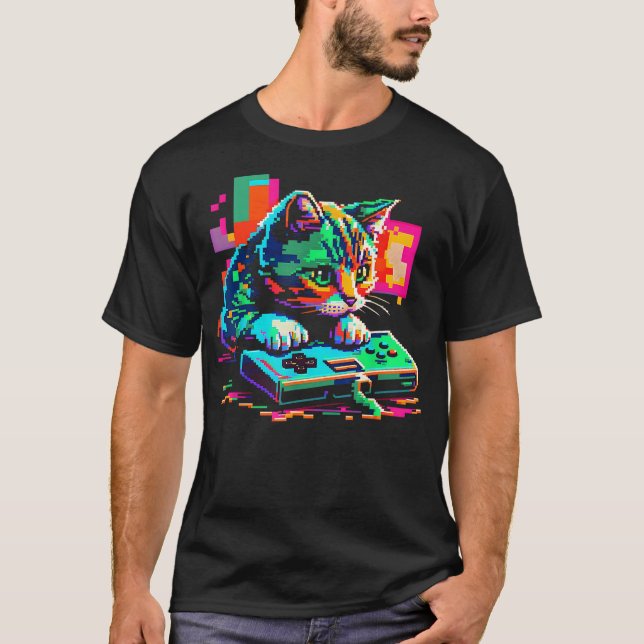 T-shirt Cat Gaming 8-bit Gaming Cat Pixel Art Gamer Kitten (Devant)