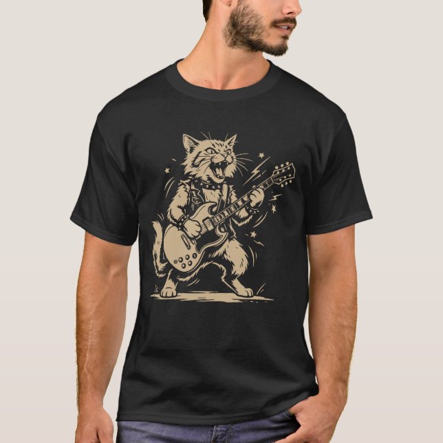 T-shirt Cat Guitar Music Lover Cartoon Animal Design (Devant)