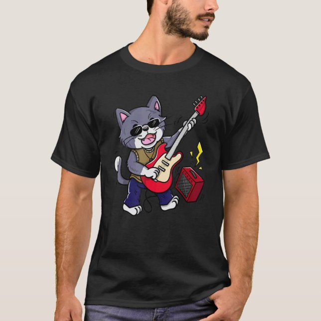 T-shirt Cat Guitar Rocker Music (Devant)