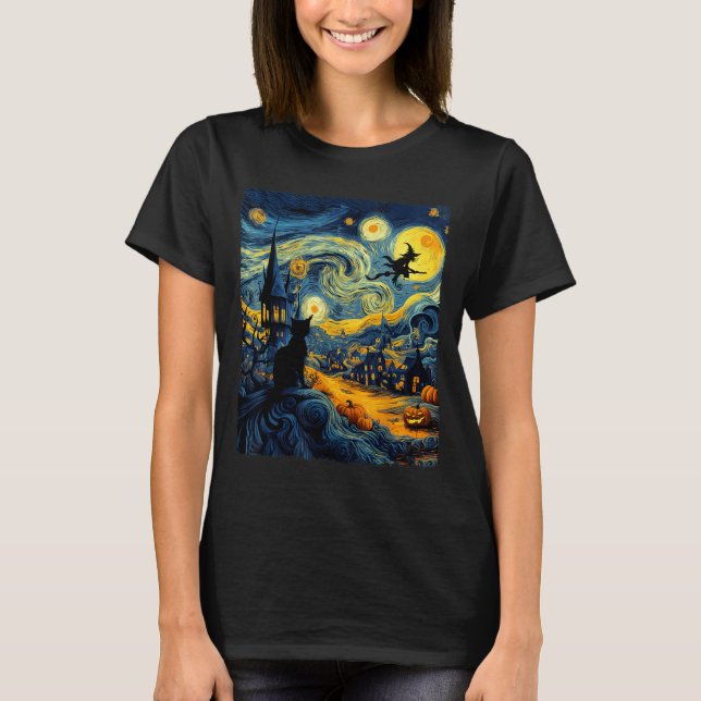 T-shirt Cat Halloween Van Gogh Starry Night Pumpkin Men Wo (Devant)