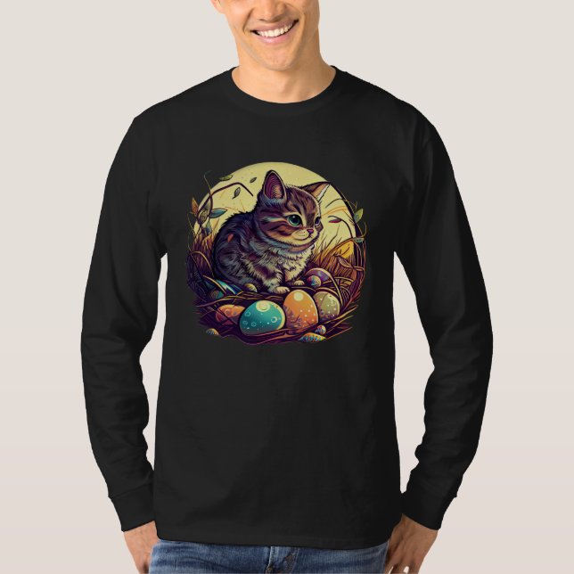 T-shirt Cat Illustration Easter Graphic with Eggs for Cat (Devant)