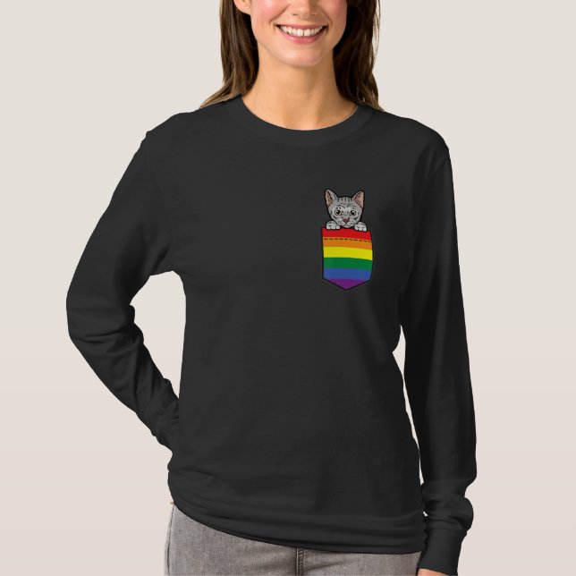 T-shirt Cat In Pocket Gay Pride LGBT-Q Rainbow Flag Funny  (Devant)