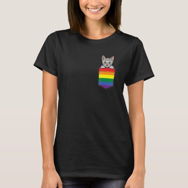 T-shirt Cat In Pocket Gay Pride LGBT-Q Rainbow Flag Funny  (Devant)