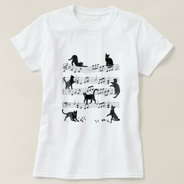 T-shirt Cat Kitty Playing Music Clef Piano Musician Art  (Design devant)