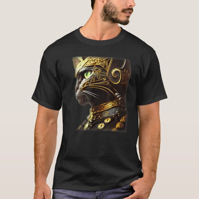 T-shirt Cat Knight Wearing Gold Filigree Armor Black (Devant)