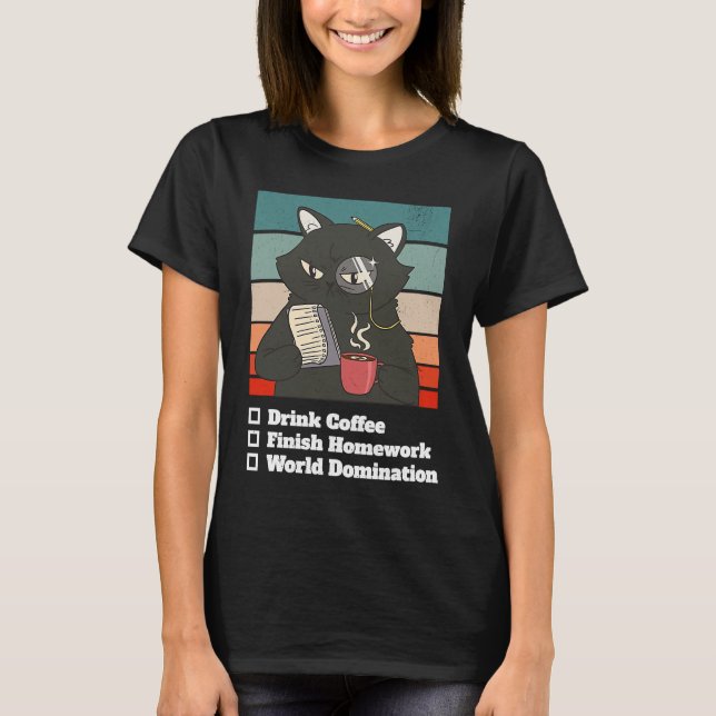 T-shirt Cat List World Domination Homework School Kid Coll (Devant)