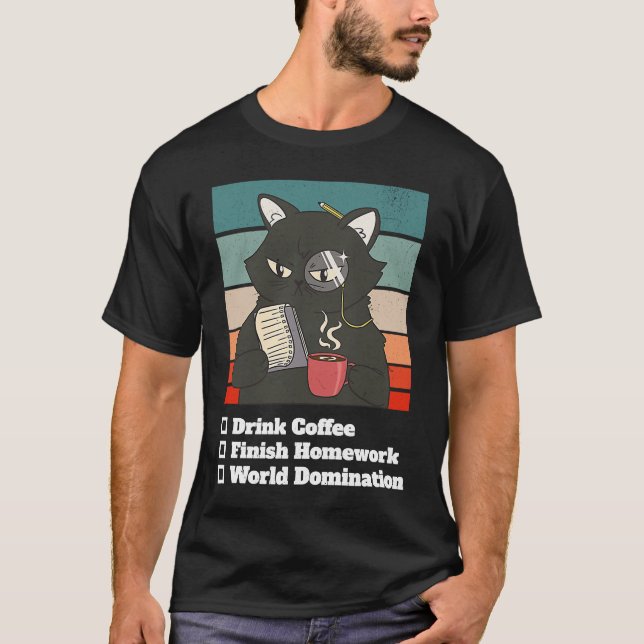 T-shirt Cat List World Domination Homework School Kid Coll (Devant)