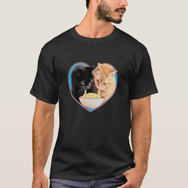T-shirt Cat Lover Ramen Noodle Heart Black & Orange Kitten (Devant)