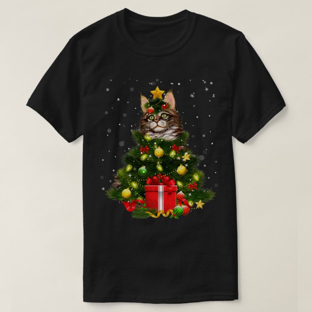 T-shirt Cat Maine Coon Chat Xmas Arbre Lumières Amoureux d (Design devant)
