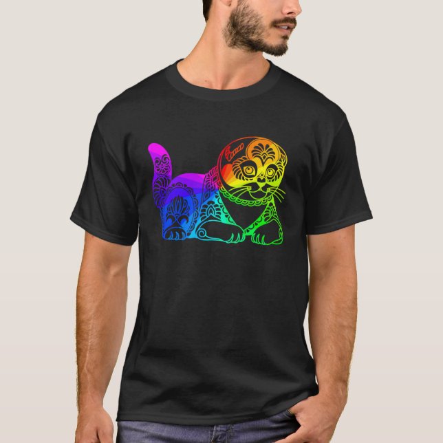 T-shirt Cat Mandala Rainbow Kitty Geometric Yoga Meditatio (Devant)