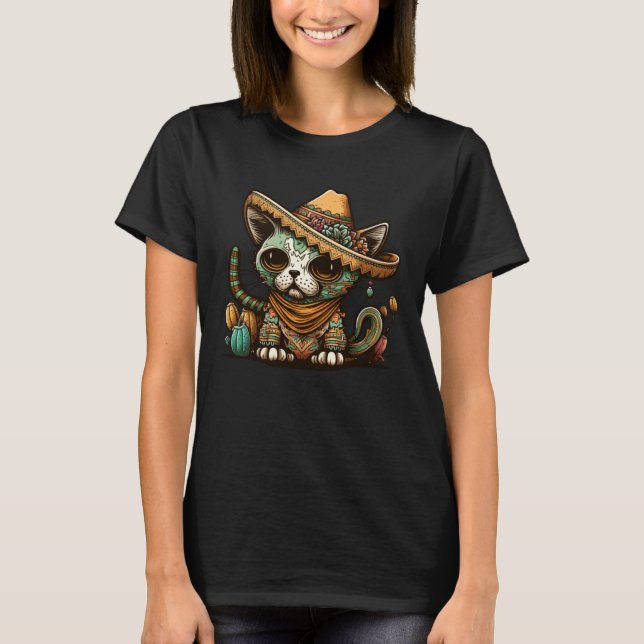 T-shirt Cat Mexican Cinco De Mayo Sugar Skull Sombrero (Devant)