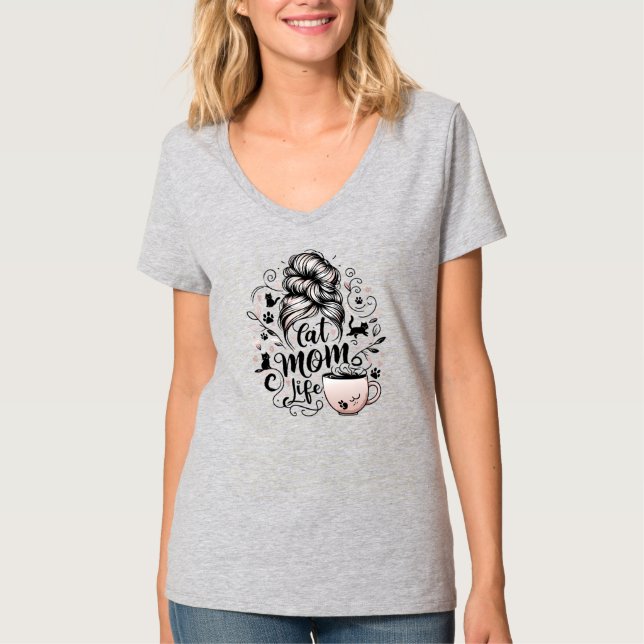 T-shirt Cat Mom Life Messy Bun Coffee Cup Design (Devant)
