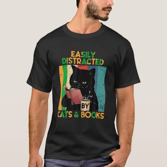 T-shirt Cat Noir Boire Café Facilement Distrait Par Les Ch (Devant)